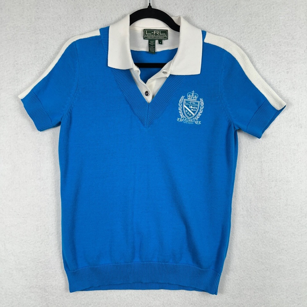 LRL Ralph Lauren Active Womens Golf Preppy Polo Sweater Sz‎ M Blue White Crest